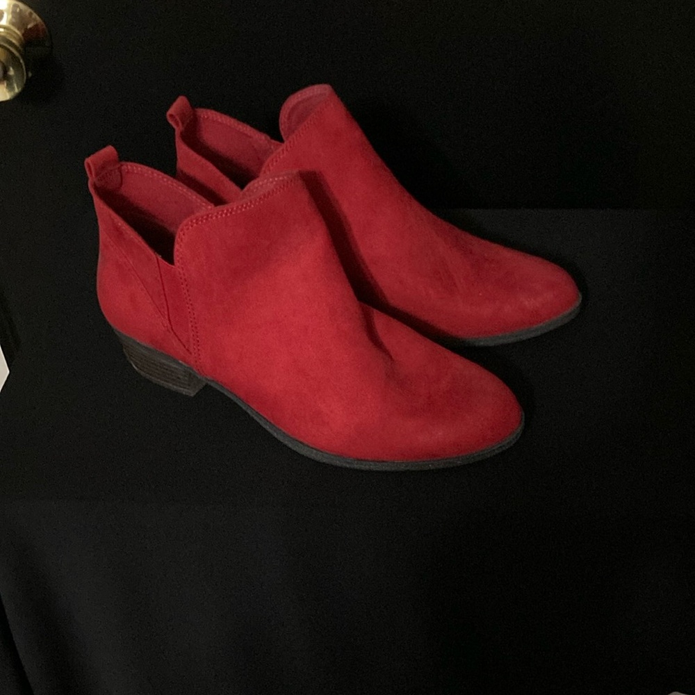 Size 10 red ankle boots with 1 inch heel.